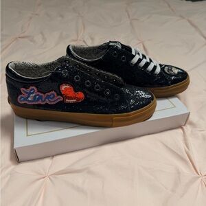 Love Moschino Black Sequin Kids Sneakers with Red Heart Patch